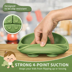 TRIDALAM Silicone Baby Feeding Set with Suction Plate, Suction Bowl, Spoon & Fork | BPA Free Self Feeding Tableware for Babies & Toddlers | Green | 4 Pieces
