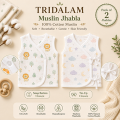 TRIDALAM Muslin Jhabla Combo Pack of 2 for Newborn Baby | 1 Snap Button Closure + 1 Tie-Up Closure | 100% Cotton Muslin | Soft & Breathable | Assorted Printed | Baby Boys & Girls