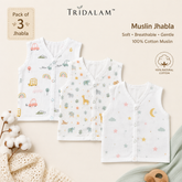 TRIDALAM Muslin Jhabla Pack of 3 for Newborn Baby | 100% Cotton Sleeveless Front Open Snap Button Vest | Soft & Breathable Baby Jabla Set | White Printed | 0-3 Months