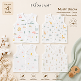 TRIDALAM Muslin Jhabla Pack of 4 for Newborn Baby | 100% Cotton Sleeveless Front Open Snap Button Vest | Soft & Breathable Baby Jabla Combo | Assorted Printed White | Baby Boys & Girls