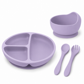 TRIDALAM Silicone Baby Feeding Set with Suction Plate, Suction Bowl, Spoon & Fork | BPA Free Self Feeding Tableware for Babies & Toddlers | Purple | 4 Pieces