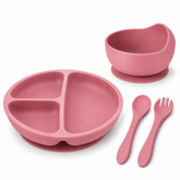 TRIDALAM Silicone Baby Feeding Set with Suction Plate, Suction Bowl, Spoon & Fork | BPA Free Self Feeding Tableware for Babies & Toddlers | Pink | 4 Pieces