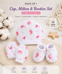 100% Muslin Cotton Baby Cap Mitten & Booties Set | Assorted Prints | Ultra Soft & Breathable Newborn Essentials | Pack of 1