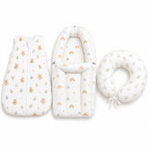 TRIDALAM Premium Muslin Baby Essentials Combo | Carry Nest, Feeding Pillow & Sleeping Bag | Soft, Breathable | Assorted Prints