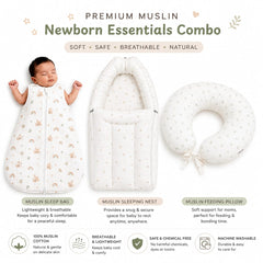 TRIDALAM Premium Muslin Baby Essentials Combo | Carry Nest, Feeding Pillow & Sleeping Bag | Soft, Breathable | Assorted Prints