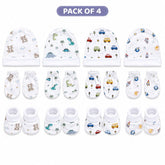 TRIDALAM Premium Muslin Baby Cap, Booties & Mittens Set Pack of 4 | Soft & Breathable | Assorted Prints
