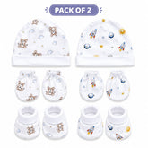 TRIDALAM Premium Muslin Baby Cap, Booties & Mittens Set Pack of 2 | Soft & Breathable | Assorted Prints
