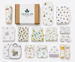 TRIDALAM Muslin Newborn Baby Hospital Combo Set | 2 Jhabla, 2 Nappy, Cap, Mittens, Booties, 2 Wash Cloth, 2 Burp Cloth, 2 Bib, Swaddle, Blanket & Towel | 0–3 Months | Assorted Prints