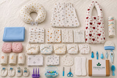 TRIDALAM Newborn Baby Hospital Combo Set | Muslin Baby Essentials with Grooming Kit, Oral Care Kit, Swaddle, Blanket, Towel, Sleeping Bag, Carry Bag, Feeding Pillow & More | 0–3 Months | Assorted Prints
