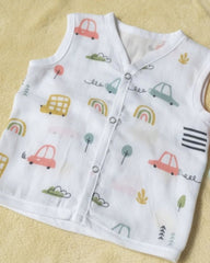 TRIDALAM Muslin Jhabla Pack of 4 for Newborn Baby | 100% Cotton Sleeveless Front Open Snap Button Vest | Soft & Breathable Baby Jabla Combo | Assorted Printed White | Baby Boys & Girls