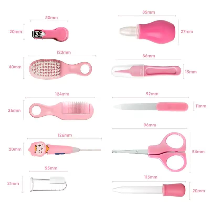 Premium Manicure Grooming Kit for New Born Kids | 10 in 1 Set of Hair, Nail, Ear Grooming Tools | Healthcare Accessories to Keep Infants & Toddlers Clean | Perfect Baby Shower Gift (Pink)