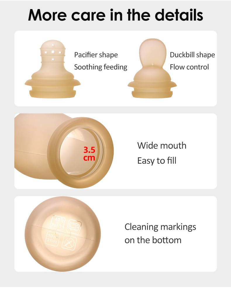 2-in-1 Silicone Baby Squeeze Feeder Bottle with Spoon & Nipple Attachment – 90ml Soft Food Dispenser for Rice Cereal, Puree & Milk – BPA-Free, High-Temp Resistant Food Grade Silicone