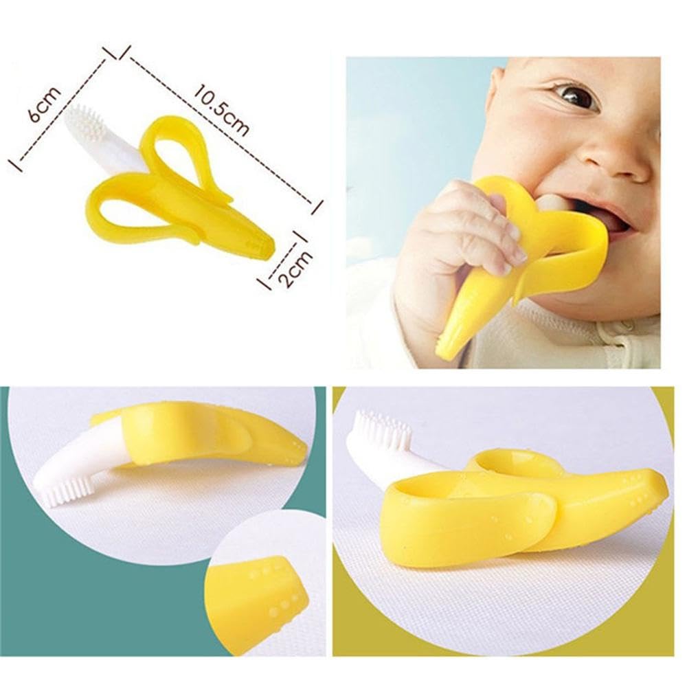 Silicone Baby Banana Teether & Infant Toothbrush, Ergonomic Grip And Dust-Resistant (Yellow)