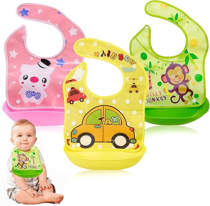 Silicone Baby Bibs | Adjustable Neckline Feeding Apron Bibs, Detachable, Waterproof, Washable, BPA-Free & Reusable Soft Silicone Bibs for Infants & Toddlers | Set of 3