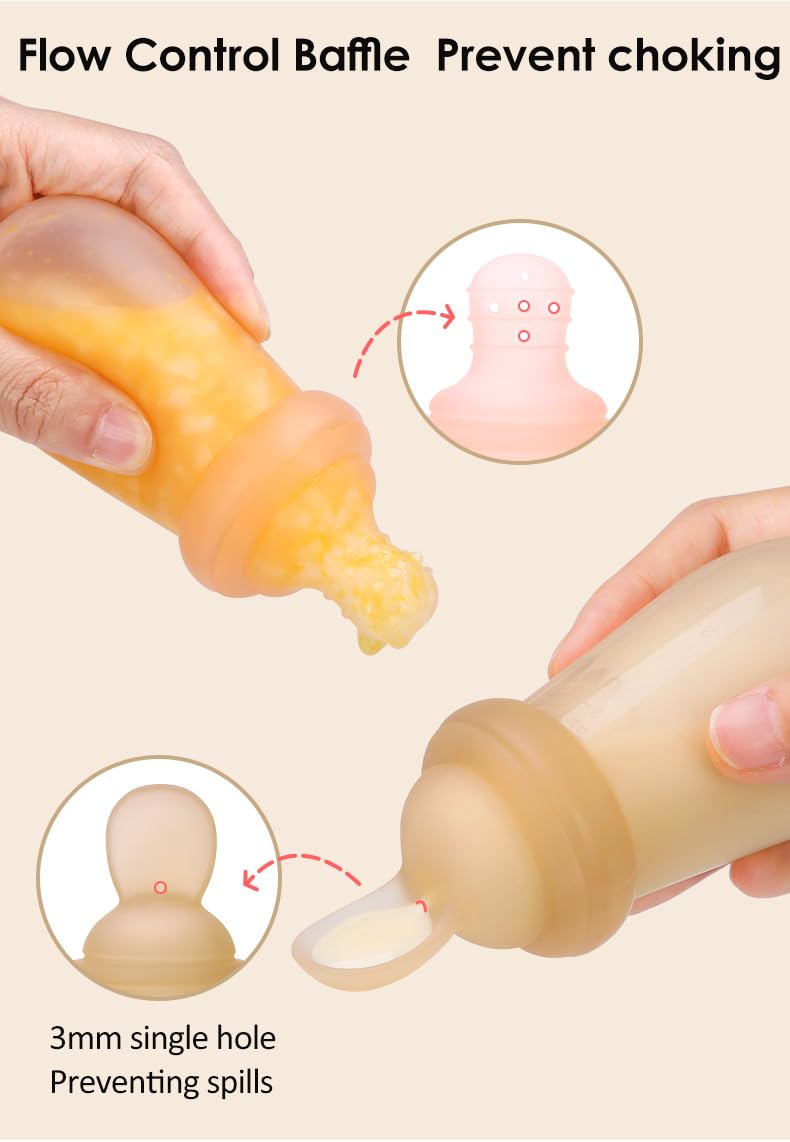2-in-1 Silicone Baby Squeeze Feeder Bottle with Spoon & Nipple Attachment – 90ml Soft Food Dispenser for Rice Cereal, Puree & Milk – BPA-Free, High-Temp Resistant Food Grade Silicone
