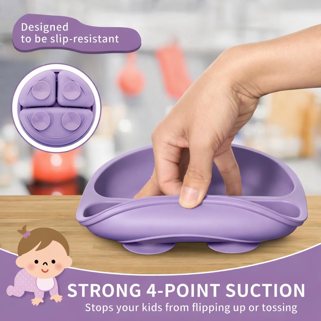 TRIDALAM Silicone Baby Feeding Set with Suction Plate, Suction Bowl, Spoon & Fork | BPA Free Self Feeding Tableware for Babies & Toddlers | Purple | 4 Pieces