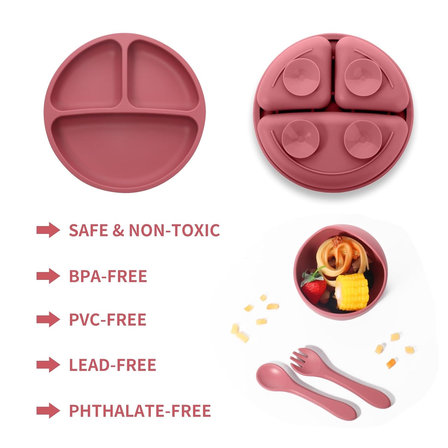 TRIDALAM Silicone Baby Feeding Set with Suction Plate, Suction Bowl, Spoon & Fork | BPA Free Self Feeding Tableware for Babies & Toddlers | Pink | 4 Pieces