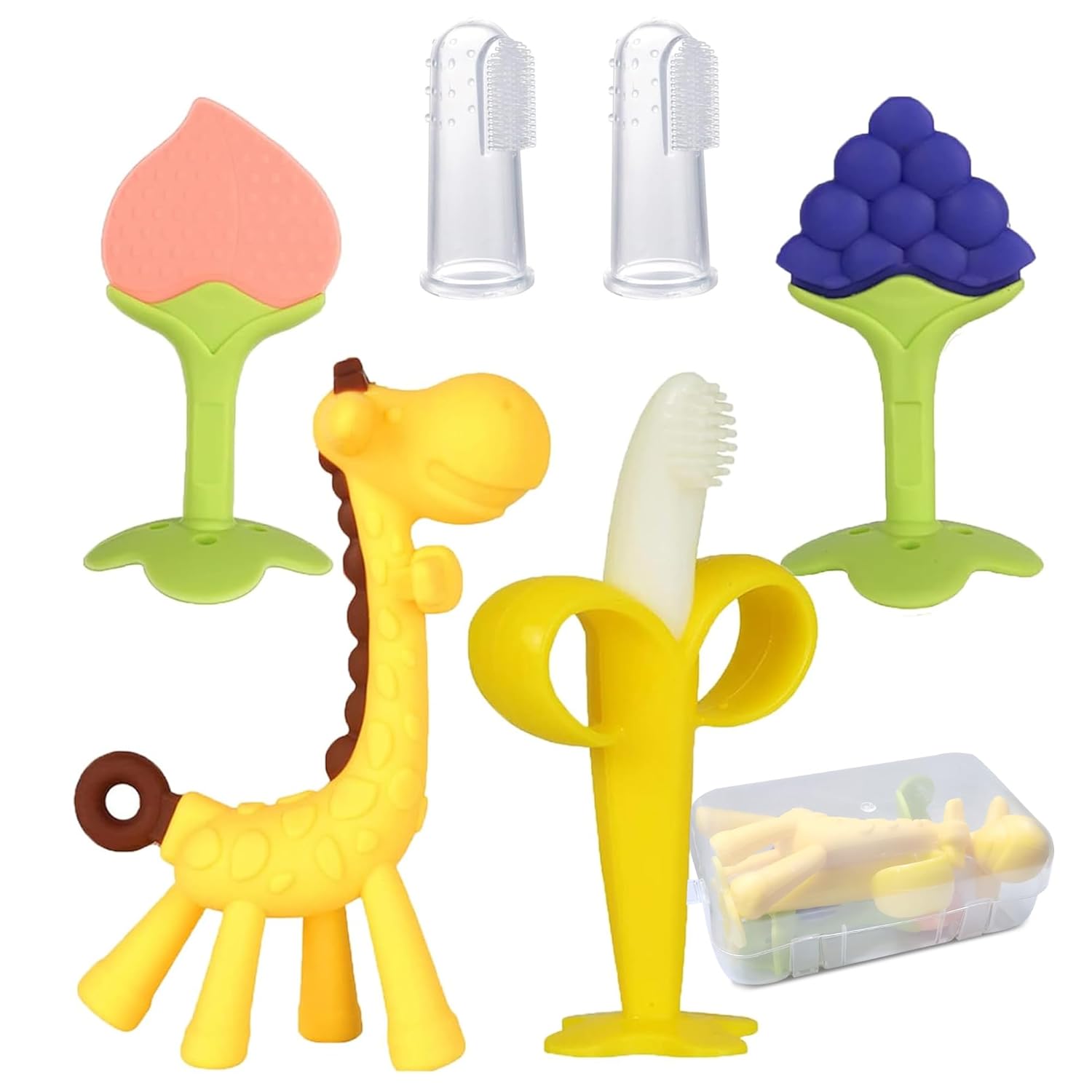 Baby Teether for 3 to 12 Months | Silicone Teething Toys & Soft Chew Toy for 3 Month Old Baby | BPA-Free Giraffe & Fruit Shapes with Finger Toothbrush | Ideal Baby Gift Set Boys Girls