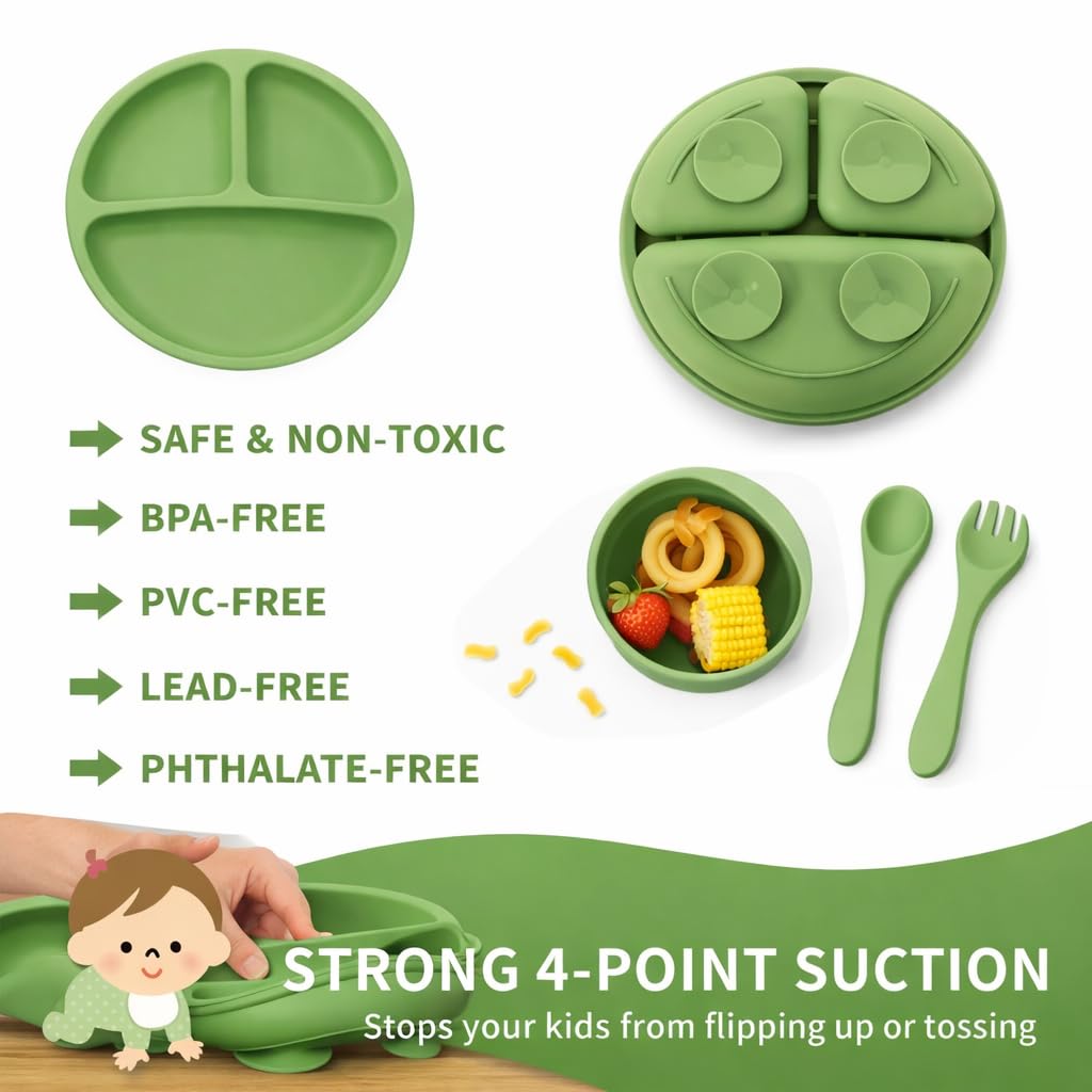 TRIDALAM Silicone Baby Feeding Set with Suction Plate, Suction Bowl, Spoon & Fork | BPA Free Self Feeding Tableware for Babies & Toddlers | Green | 4 Pieces