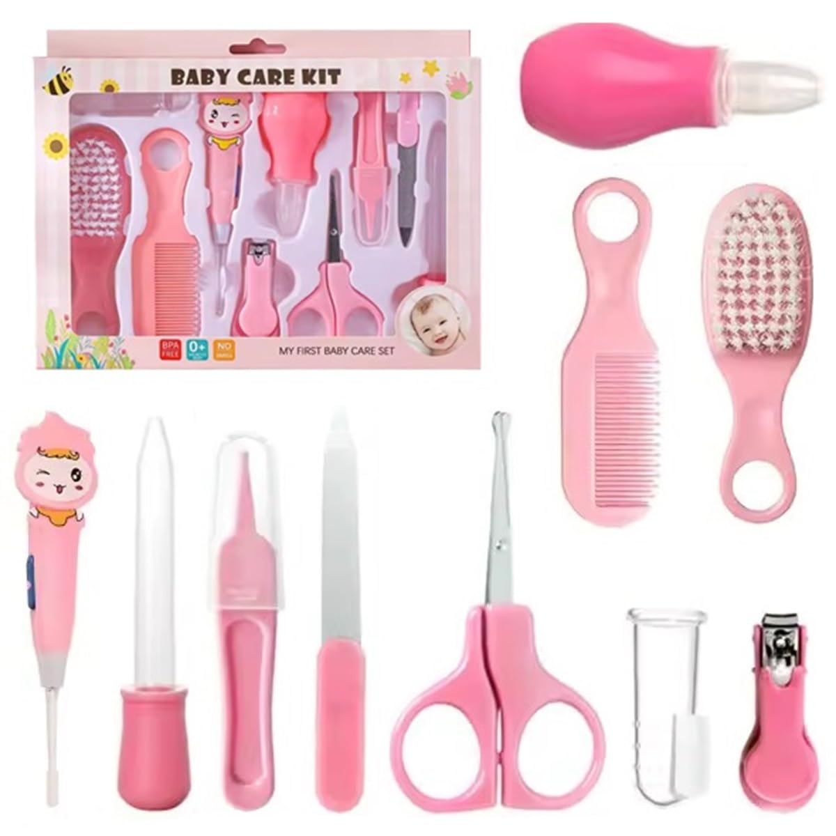 Premium Manicure Grooming Kit for New Born Kids | 10 in 1 Set of Hair, Nail, Ear Grooming Tools | Healthcare Accessories to Keep Infants & Toddlers Clean | Perfect Baby Shower Gift (Pink)