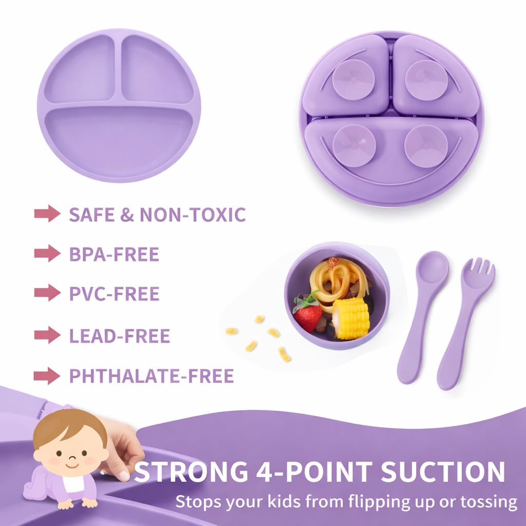 TRIDALAM Silicone Baby Feeding Set with Suction Plate, Suction Bowl, Spoon & Fork | BPA Free Self Feeding Tableware for Babies & Toddlers | Purple | 4 Pieces