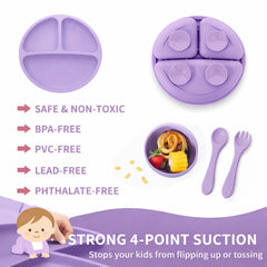 TRIDALAM Silicone Baby Feeding Set with Suction Plate, Suction Bowl, Spoon & Fork | BPA Free Self Feeding Tableware for Babies & Toddlers | Purple | 4 Pieces