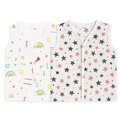 TRIDALAM Muslin Jhabla Pack of 2 for Newborn Baby | 100% Cotton Sleeveless Front Open Snap Button Vest | Soft & Breathable Baby Jabla Combo | Assorted Printed White | Baby Boys & Girls