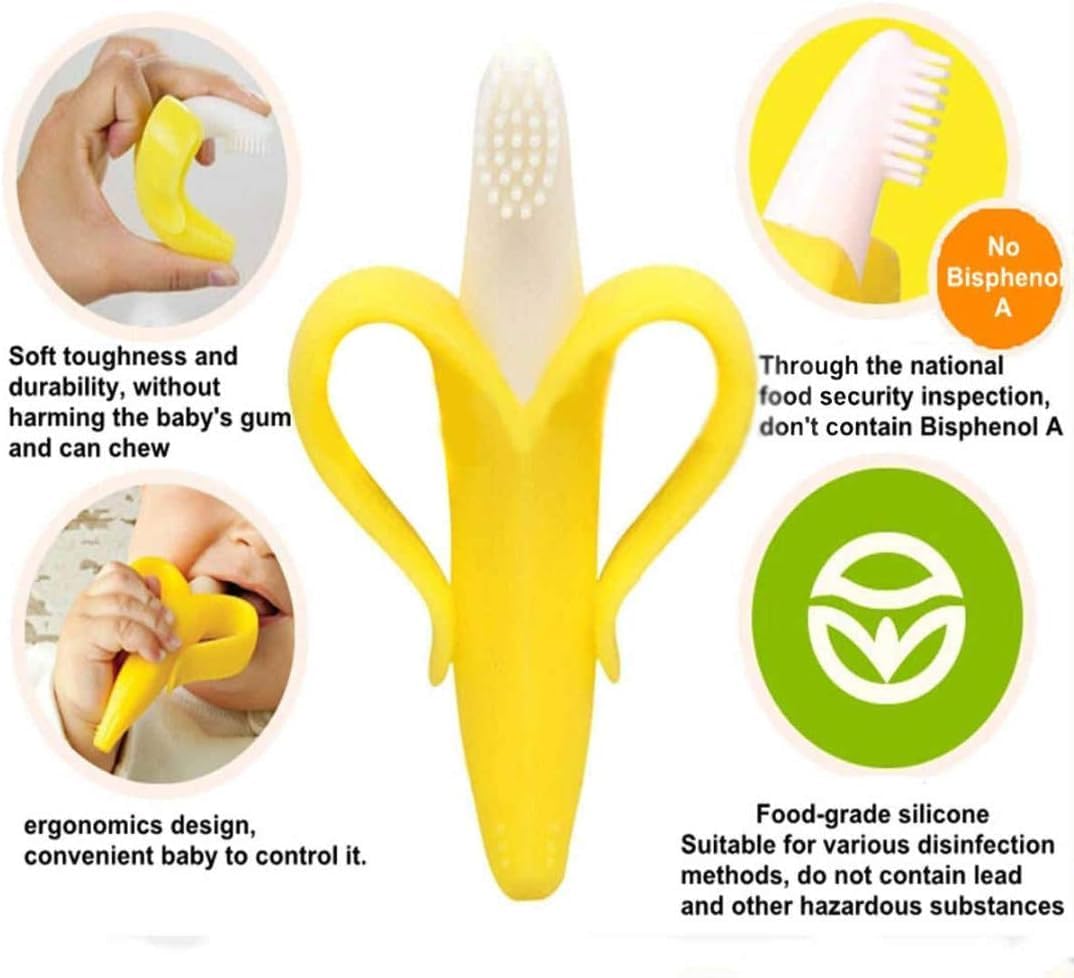 Silicone Baby Banana Teether & Infant Toothbrush, Ergonomic Grip And Dust-Resistant (Yellow)