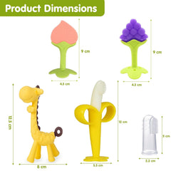 Baby Teether for 3 to 12 Months | Silicone Teething Toys & Soft Chew Toy for 3 Month Old Baby | BPA-Free Giraffe & Fruit Shapes with Finger Toothbrush | Ideal Baby Gift Set Boys Girls