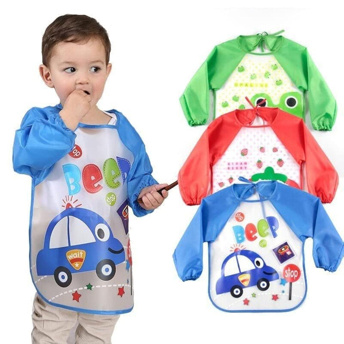 Long Sleeve Baby Bibs | Washable Waterproof Feeding Smocks for Toddlers 6–24 Months, Full-Sleeve Apron Bibs, Durable, Easy-to-Clean, Comfortable & Reusable Baby Bibs | Pack of 3 (Multicolor)
