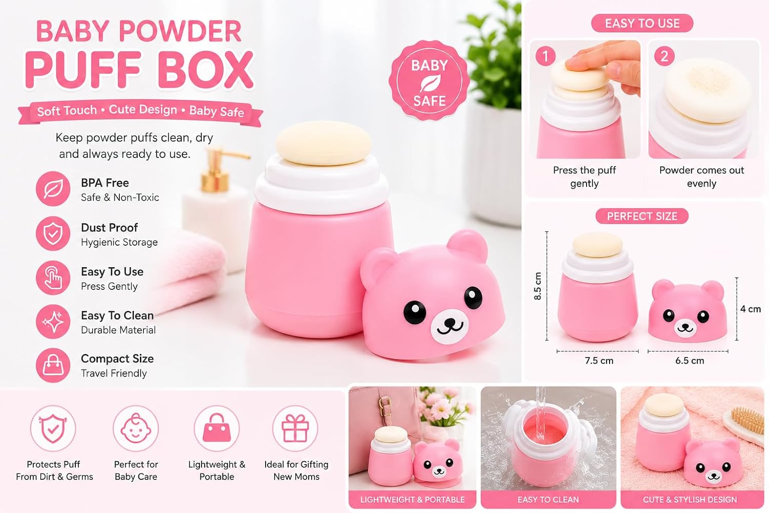 TRIDALAM Baby Powder Puff with Storage Case | Soft Cotton Powder Applicator for Newborn & Babies | Gentle Baby Powder Puff | Pink | Pack of 1