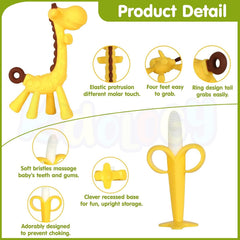 Baby Teether for 3 to 12 Months | Silicone Teething Toys & Soft Chew Toy for 3 Month Old Baby | BPA-Free Giraffe & Fruit Shapes with Finger Toothbrush | Ideal Baby Gift Set Boys Girls