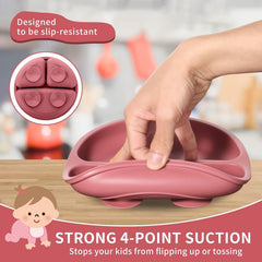 TRIDALAM Silicone Baby Feeding Set with Suction Plate, Suction Bowl, Spoon & Fork | BPA Free Self Feeding Tableware for Babies & Toddlers | Pink | 4 Pieces