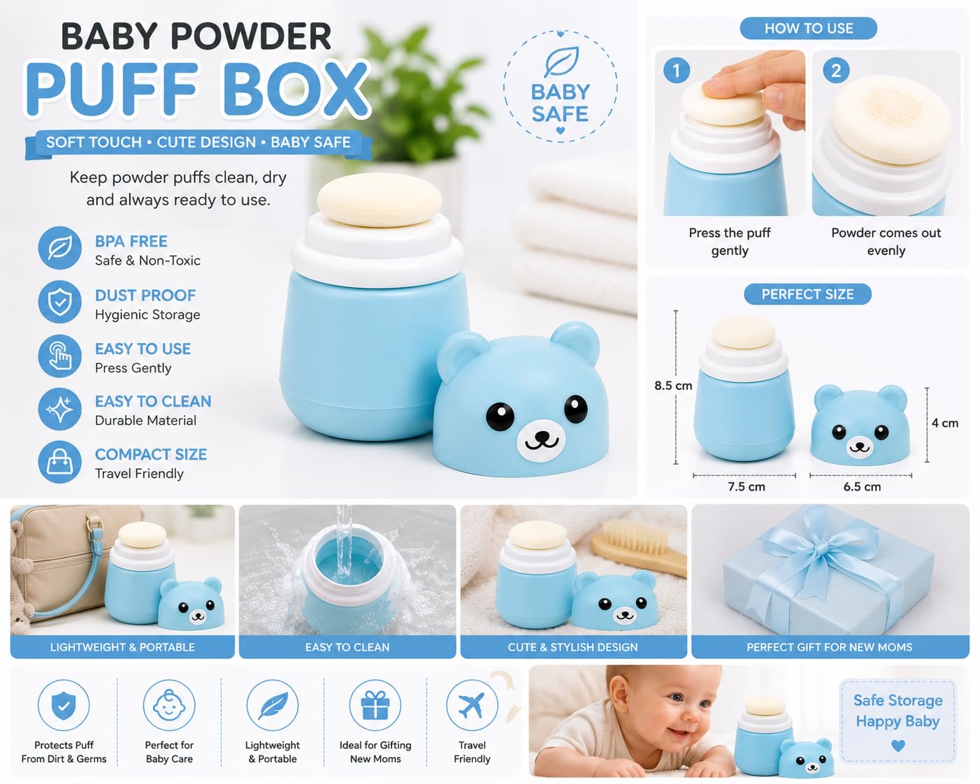 TRIDALAM Baby Powder Puff with Storage Case | Soft Cotton Powder Applicator for Newborn & Babies | Gentle Baby Powder Puff | Blue | Pack of 1