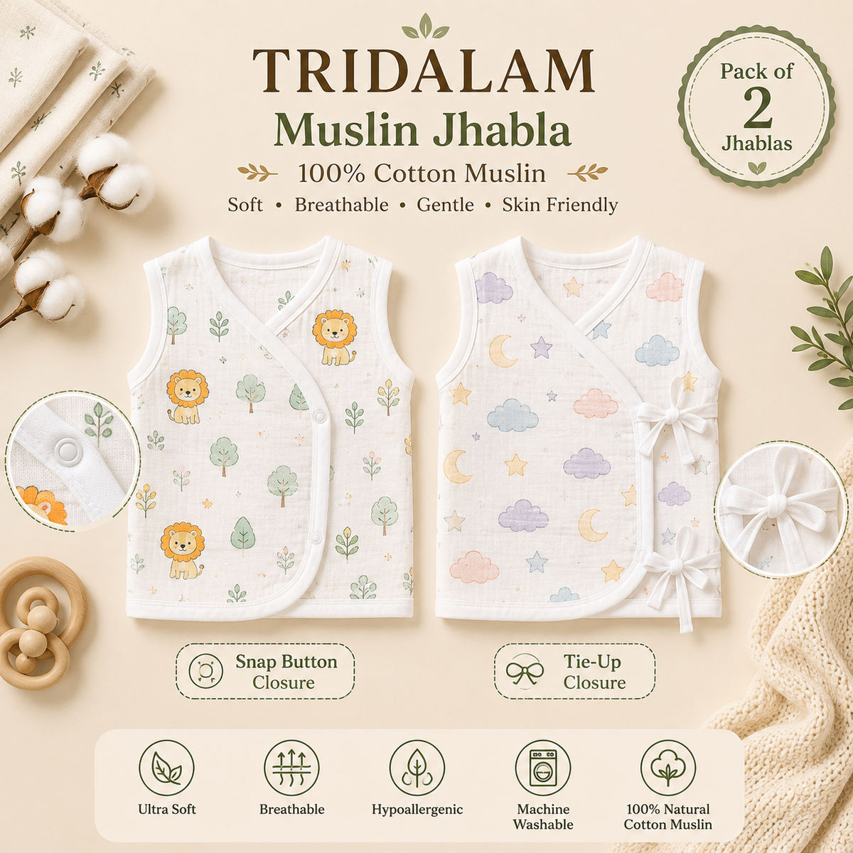 TRIDALAM Muslin Jhabla Combo Pack of 2 for Newborn Baby | 1 Snap Button Closure + 1 Tie-Up Closure | 100% Cotton Muslin | Soft & Breathable | Assorted Printed | Baby Boys & Girls