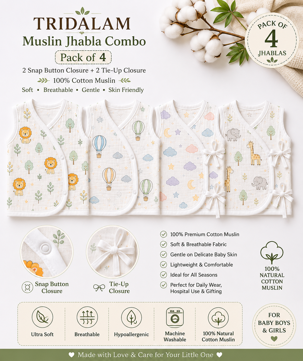 TRIDALAM Muslin Jhabla Combo Pack of 4 for Newborn Baby | 2 Snap Button Closure + 2 Tie-Up Closure | 100% Cotton Muslin | Soft & Breathable | Assorted Printed | Baby Boys & Girls