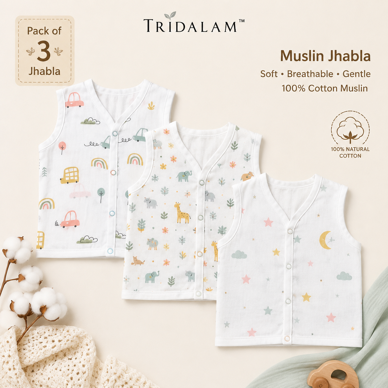TRIDALAM Muslin Jhabla Pack of 3 for Newborn Baby | 100% Cotton Sleeveless Front Open Snap Button Vest | Soft & Breathable Baby Jabla Set | White Printed | 0-3 Months