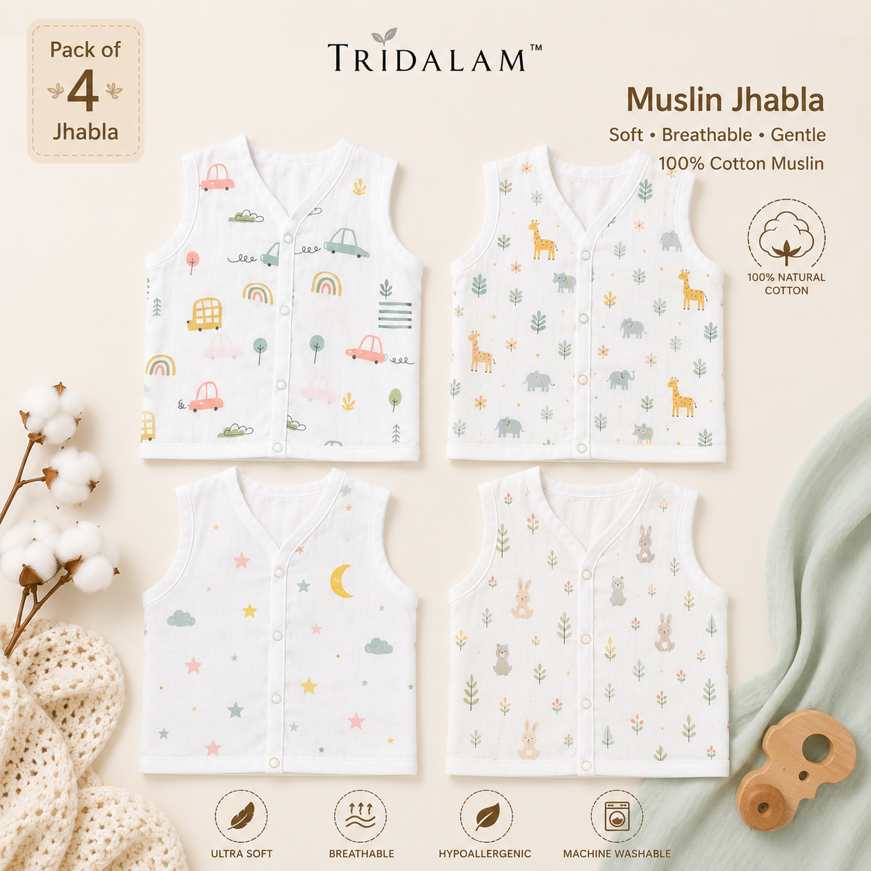 TRIDALAM Muslin Jhabla Pack of 4 for Newborn Baby | 100% Cotton Sleeveless Front Open Snap Button Vest | Soft & Breathable Baby Jabla Combo | Assorted Printed White | Baby Boys & Girls