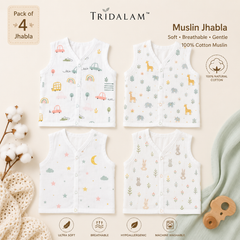 TRIDALAM Muslin Jhabla Pack of 4 for Newborn Baby | 100% Cotton Sleeveless Front Open Snap Button Vest | Soft & Breathable Baby Jabla Combo | Assorted Printed White | Baby Boys & Girls
