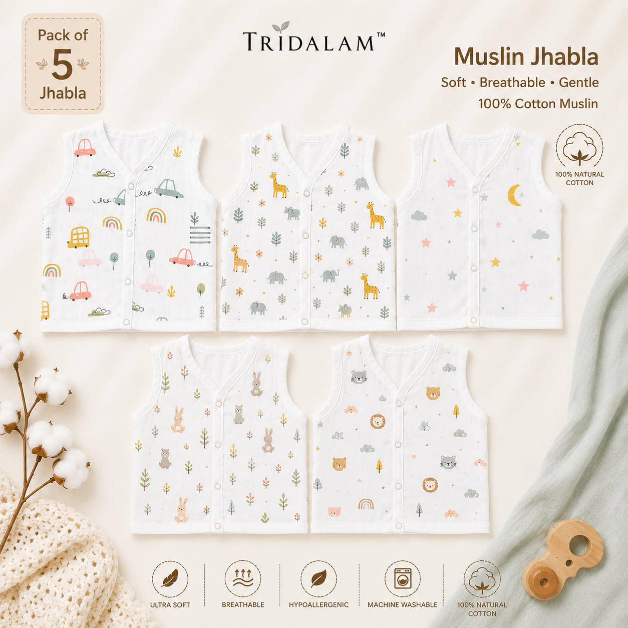 TRIDALAM Muslin Jhabla Pack of 5 for Newborn Baby | 100% Cotton Sleeveless Front Open Snap Button Vest | Soft & Breathable Baby Jabla Combo | Assorted Printed White | Baby Boys & Girls