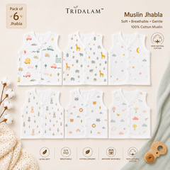 TRIDALAM Muslin Jhabla Pack of 6 for Newborn Baby | 100% Cotton Sleeveless Front Open Snap Button Vest | Soft & Breathable Baby Jabla Combo | Assorted Printed White | Baby Boys & Girls