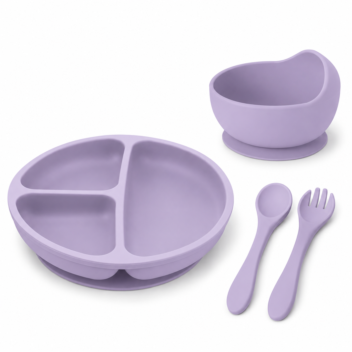 TRIDALAM Silicone Baby Feeding Set with Suction Plate, Suction Bowl, Spoon & Fork | BPA Free Self Feeding Tableware for Babies & Toddlers | Purple | 4 Pieces