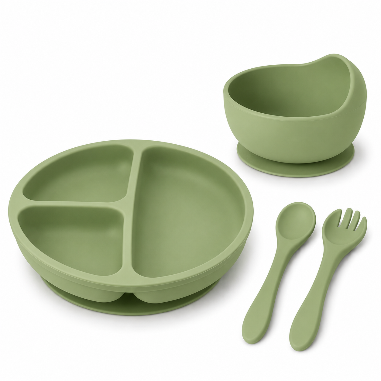 TRIDALAM Silicone Baby Feeding Set with Suction Plate, Suction Bowl, Spoon & Fork | BPA Free Self Feeding Tableware for Babies & Toddlers | Green | 4 Pieces