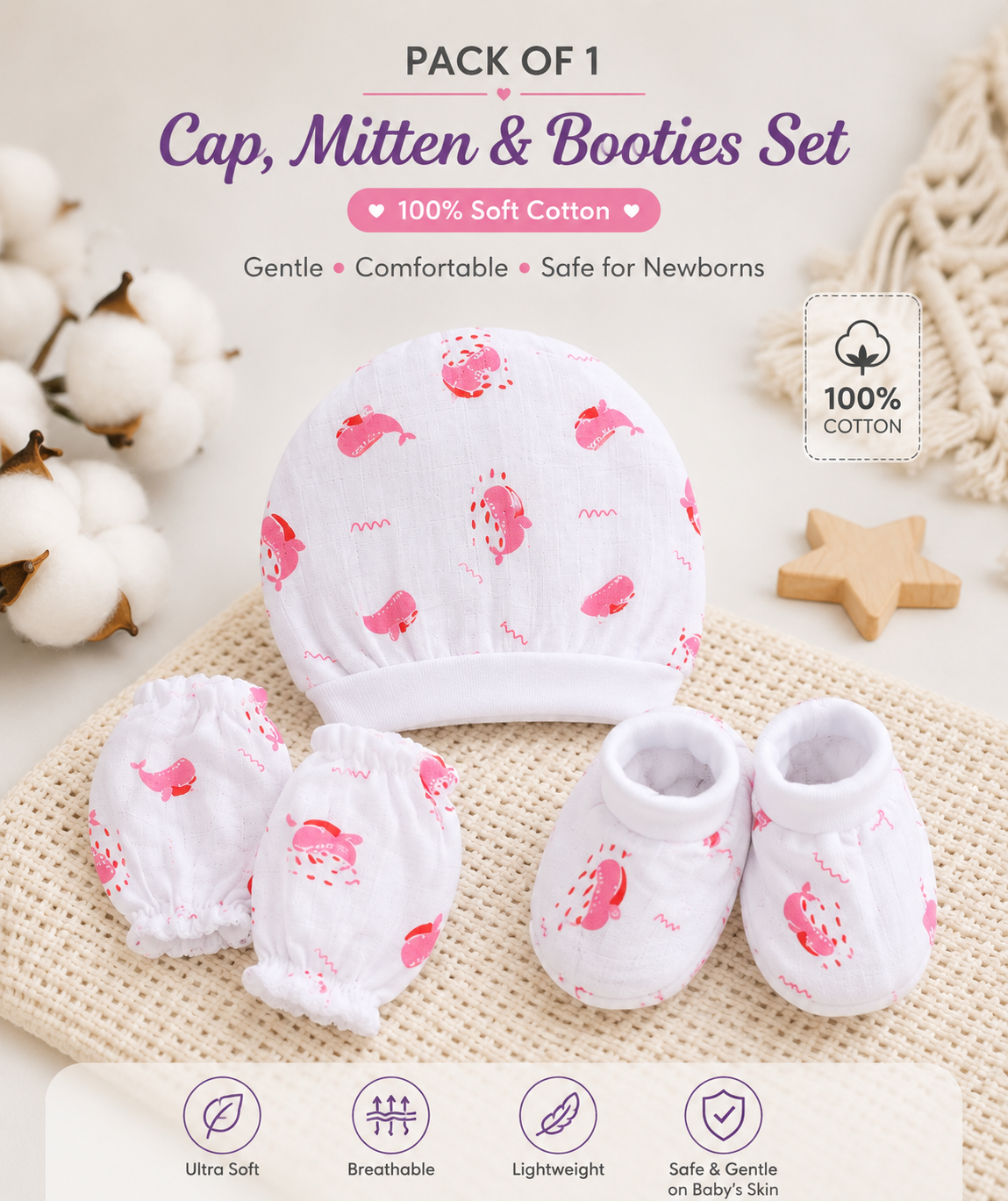 100% Muslin Cotton Baby Cap Mitten & Booties Set | Assorted Prints | Ultra Soft & Breathable Newborn Essentials | Pack of 1