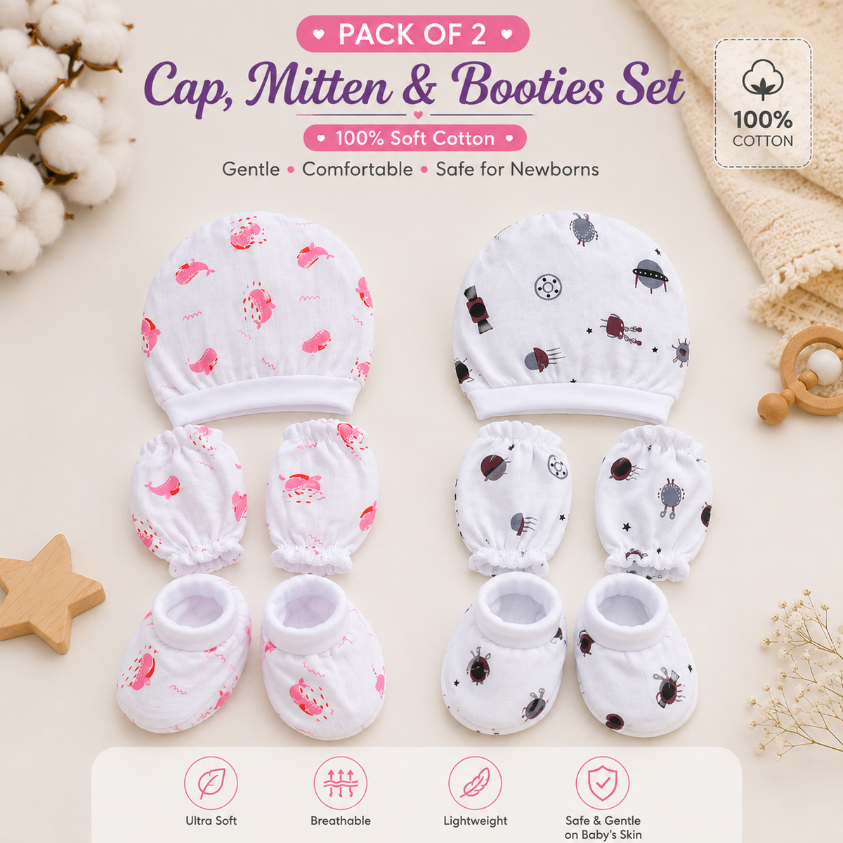 100% Muslin Cotton Baby Cap Mitten & Booties Set | Assorted Prints | Ultra Soft & Breathable Newborn Essentials | Pack of 2