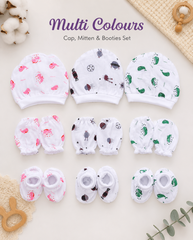 100% Muslin Cotton Baby Cap Mitten & Booties Set | Assorted Prints | Ultra Soft & Breathable Newborn Essentials | Pack of 3