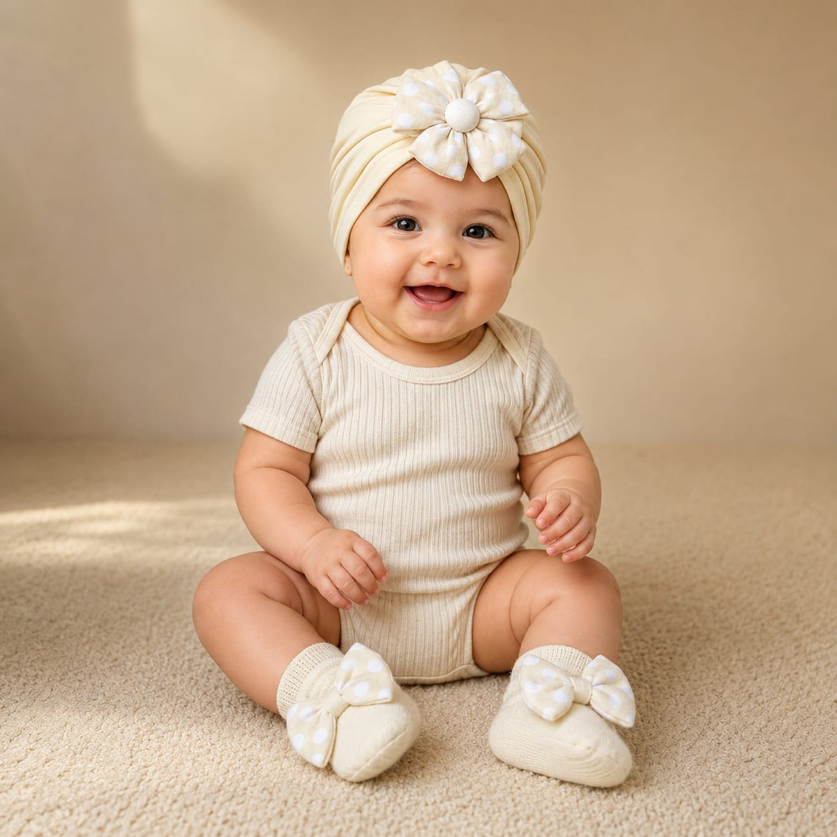 Baby Girl Turban Cap & Socks Set | Soft Lace Headwrap with Pearl Flower Bow | Newborn Beanie & Booties Gift Set