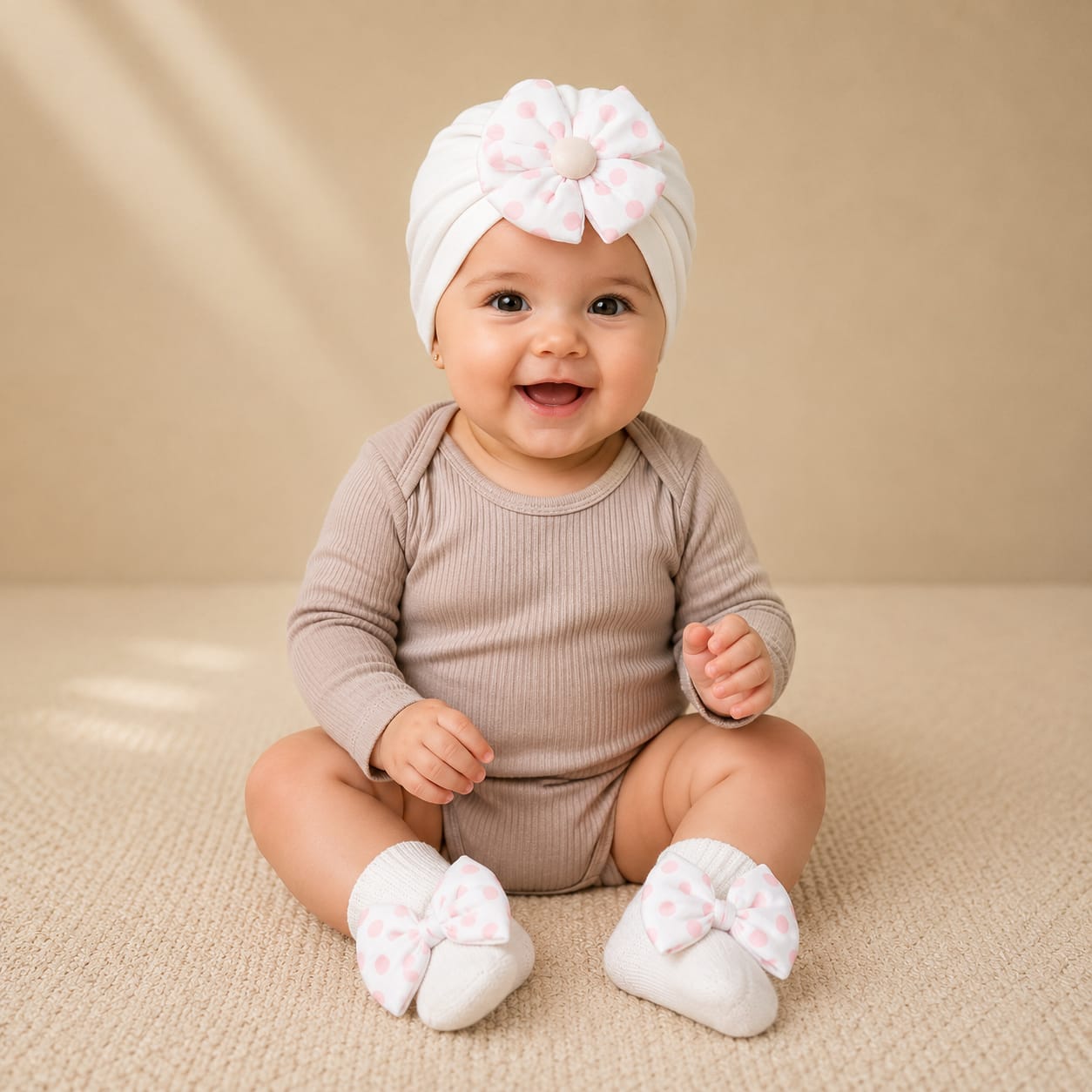 Baby Girl Turban Cap & Socks Set | Soft Lace Headwrap with Pearl Flower Bow | Newborn Beanie & Booties Gift Set