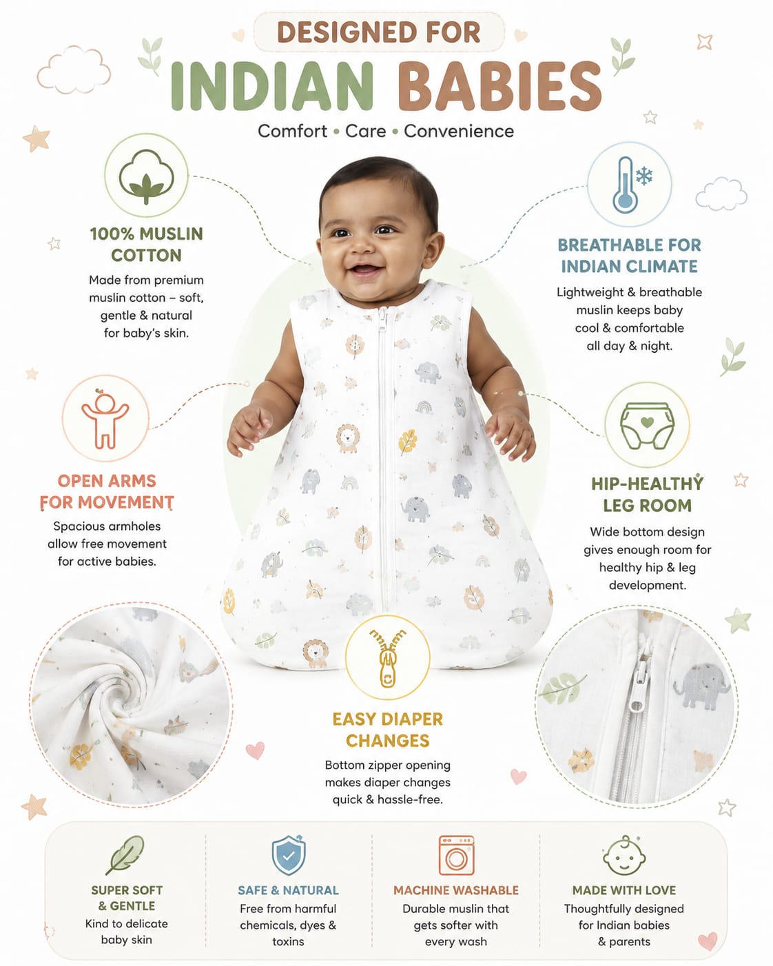 TRIDALAM Premium Muslin Baby Sleeping Bag | Soft, Breathable & Lightweight | Assorted Prints