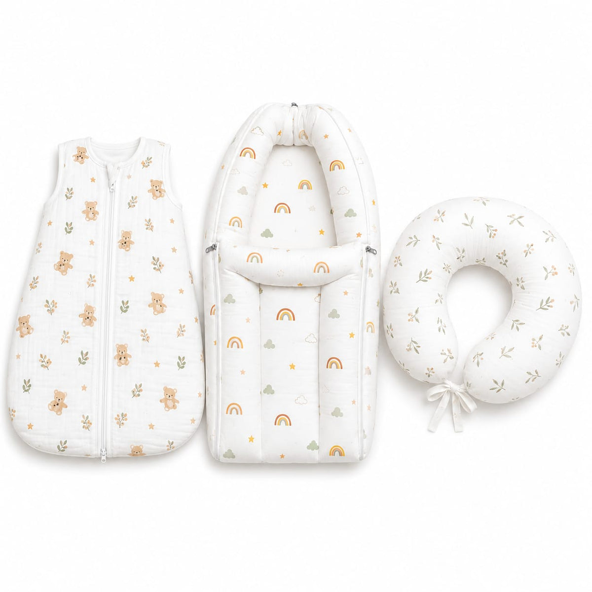 TRIDALAM Premium Muslin Baby Essentials Combo | Carry Nest, Feeding Pillow & Sleeping Bag | Soft, Breathable | Assorted Prints